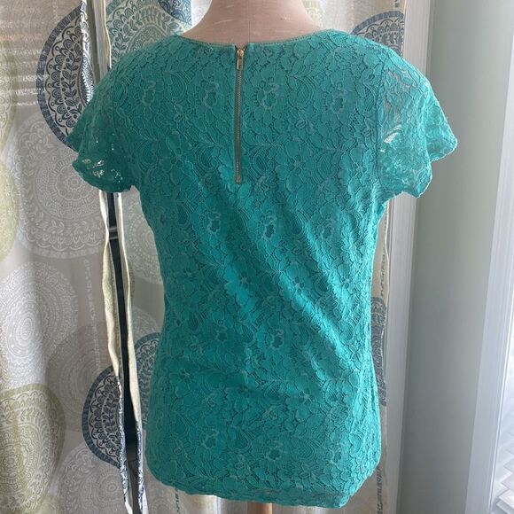 Valerie Bertinelli. Teal, flowered lace blouse with zipper backing. Womens L. - Picture 1 of 6